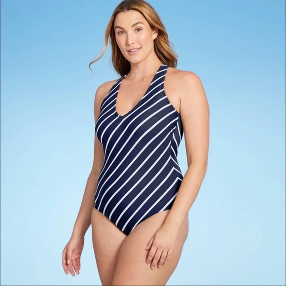 NWOT Kona Sol Size Large Nautical Stripe One Piece Swimsuit Medium Coverage Navy - Picture 1 of 5